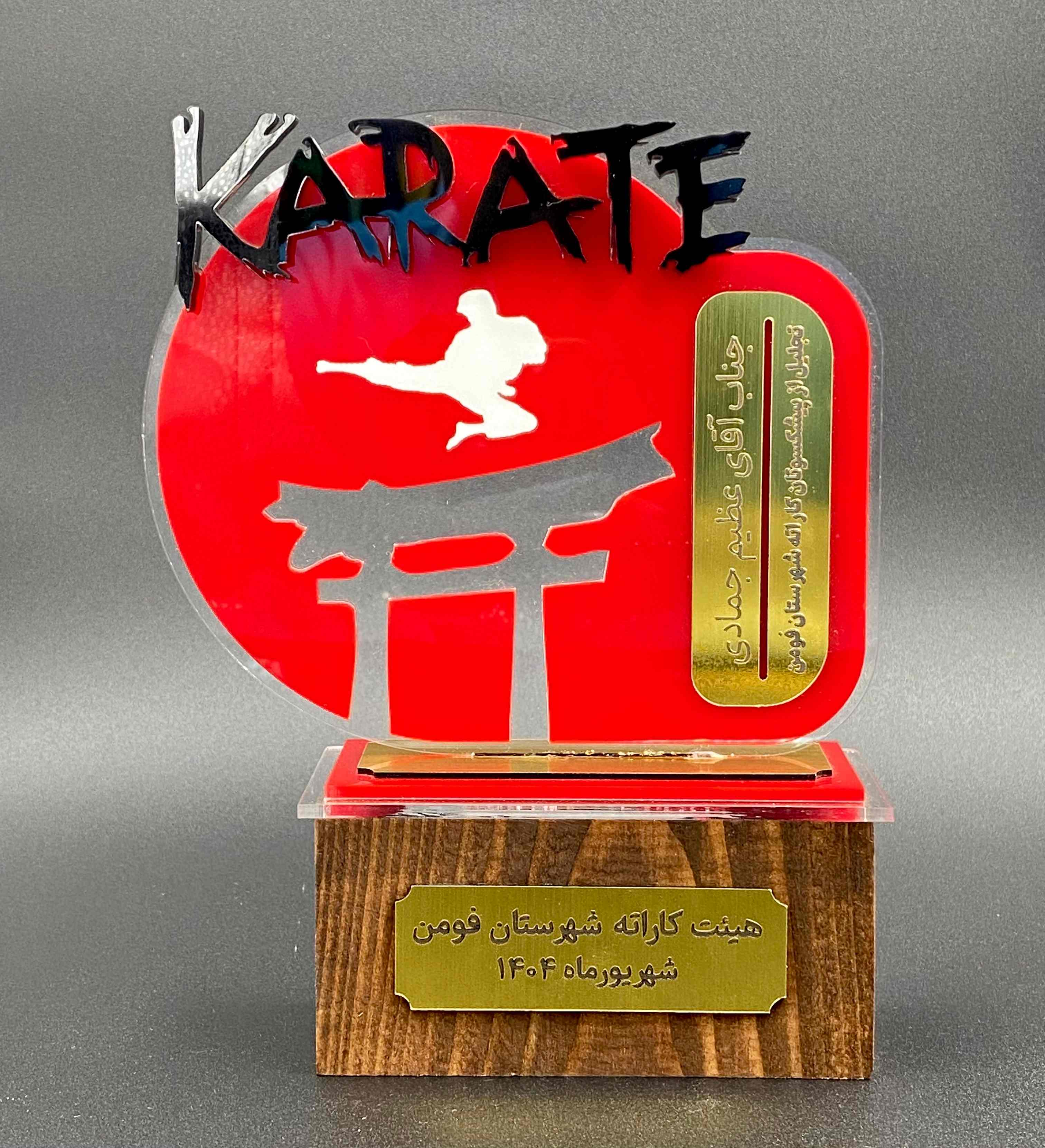 تندیس سفارشی ورزشی کاراته با پایه چوبی